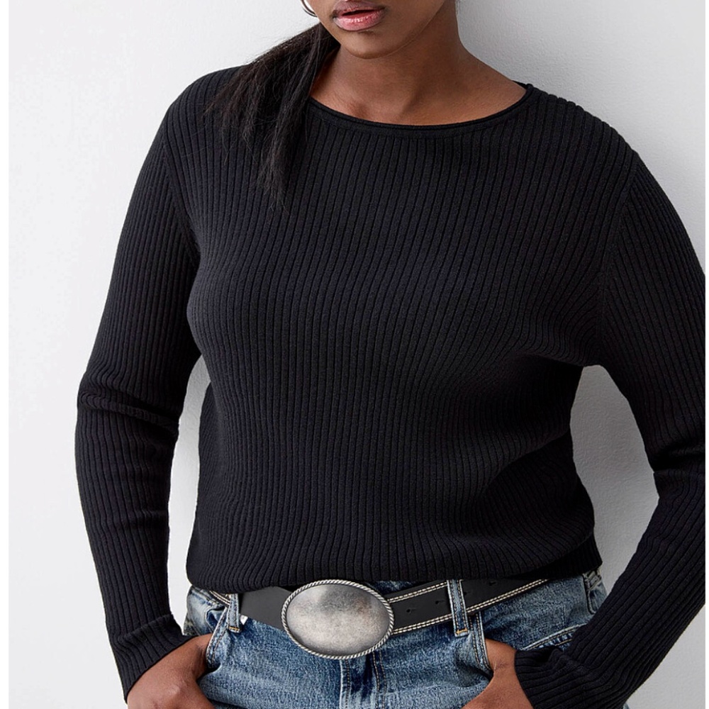 Black basic minimalist organic cotton blend ribbed long sleeve sweater NWT